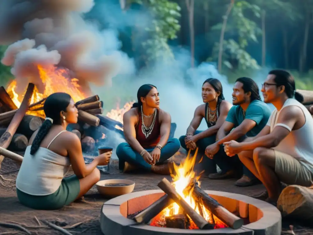 Grupo diverso de activistas indígenas reunidos alrededor de fogata en la selva, demostrando pasión y determinación