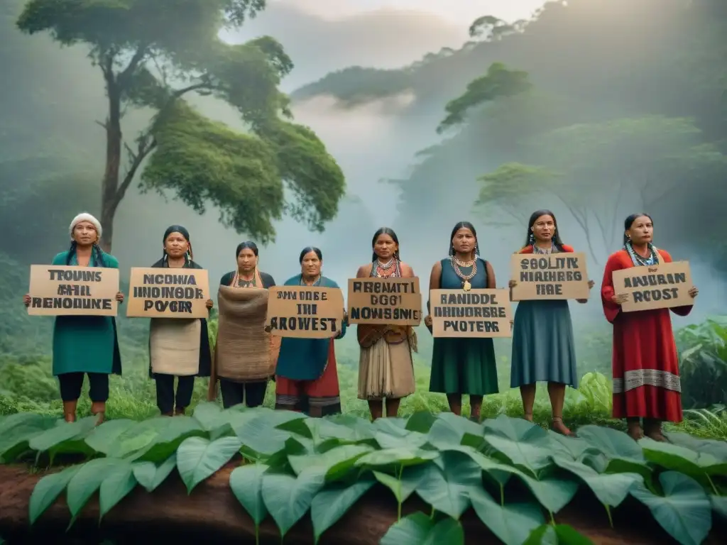 Un grupo diverso de activistas indígenas en protesta, con prendas tradicionales y pancartas ambientales en un bosque exuberante