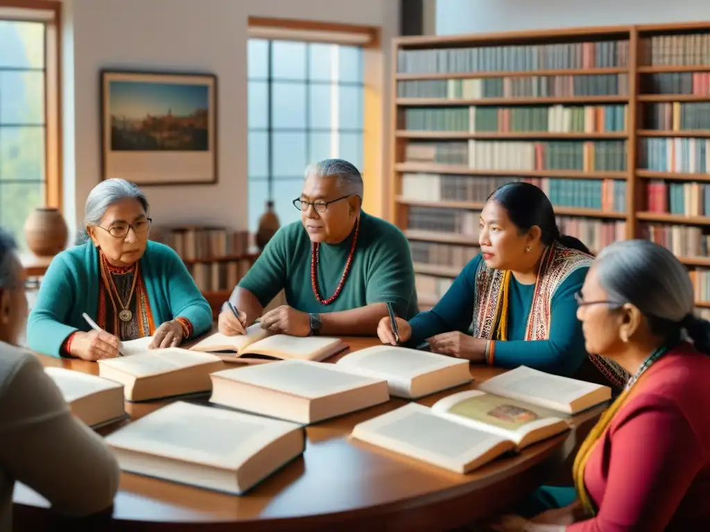 Grupo diverso de activistas por la preservación de lenguas indígenas rodeados de libros en una escena vibrante de cultura y conocimiento