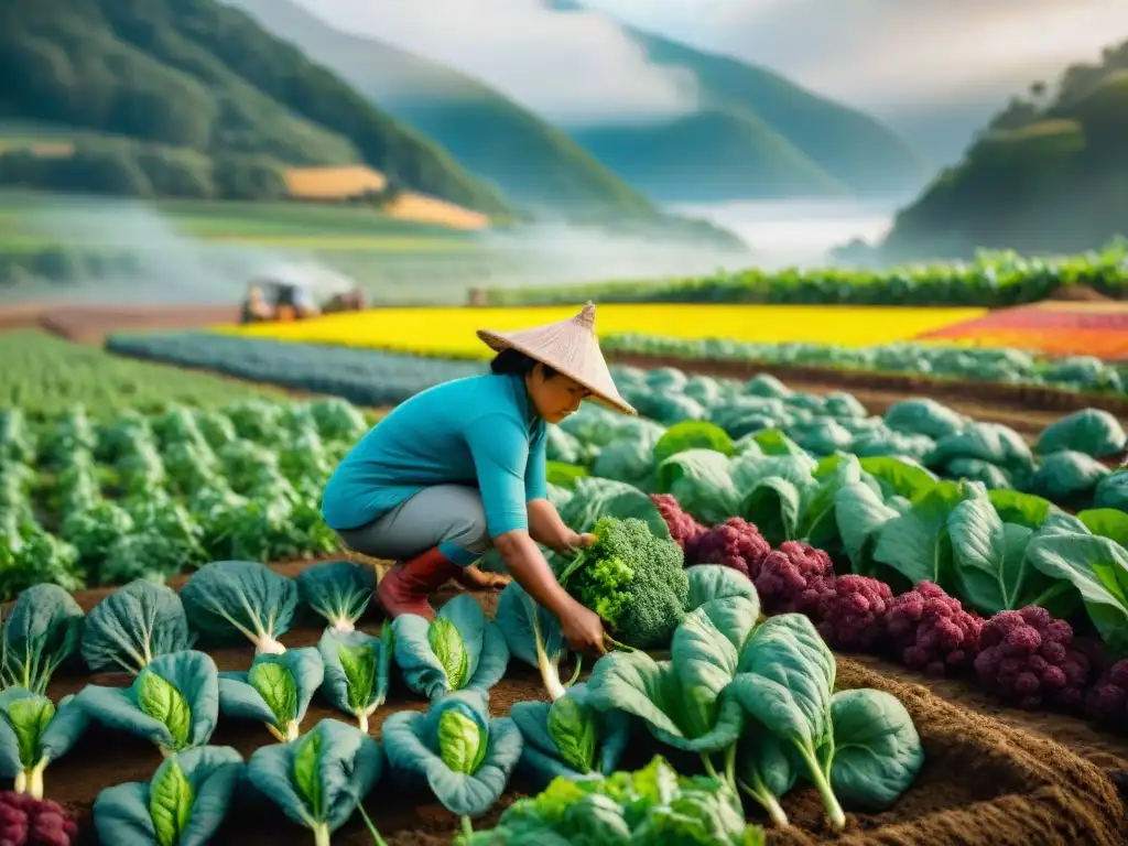 Un grupo diverso de agricultores indígenas cosechando alimentos ancestrales comercio justo en un campo tradicional bajo el sol brillante