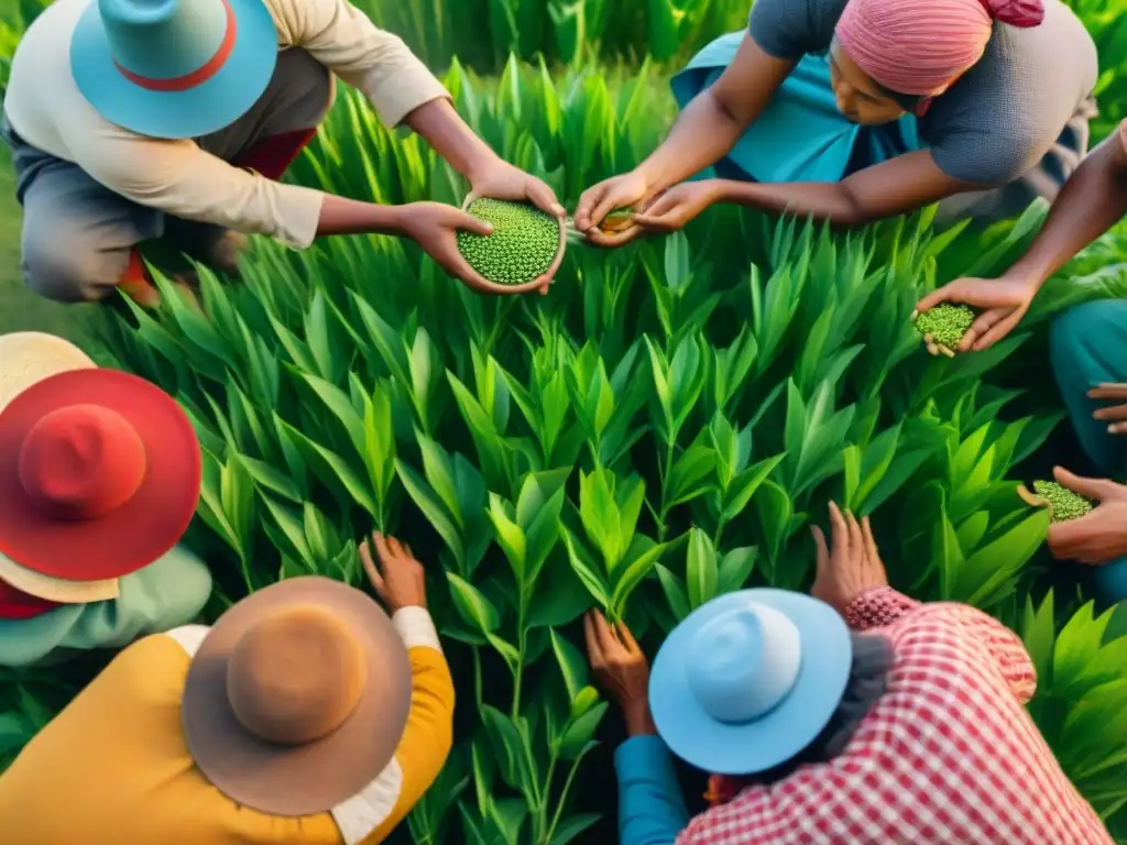 Grupo diverso de agricultores indígenas intercambiando prácticas agrícolas en un campo verde bajo el sol brillante