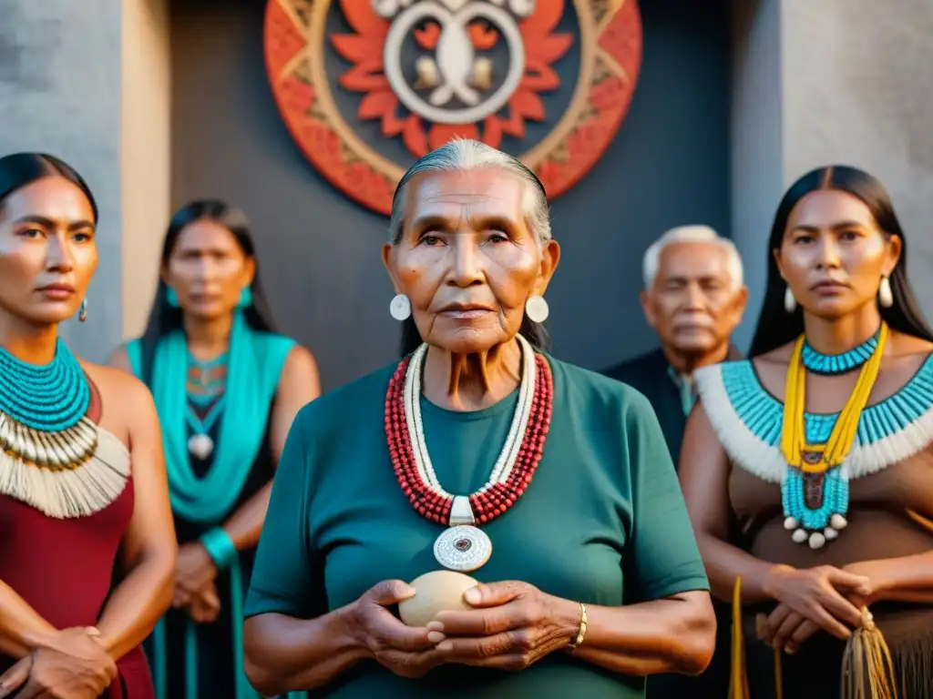 Un grupo diverso de ancianos y miembros de la comunidad indígena frente a un artefacto ancestral sagrado, mostrando conexión cultural y reverencia