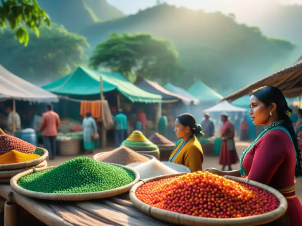 Grupo diverso de artesanos indígenas en mercado tradicional, exhibiendo productos hechos a mano