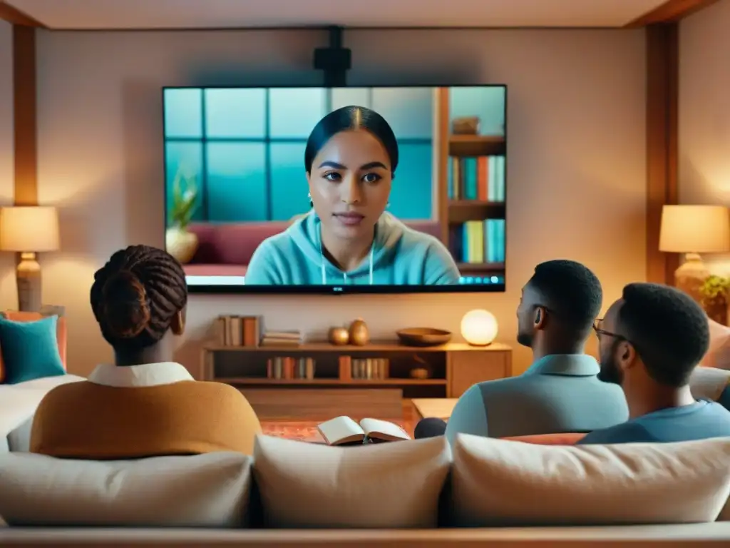 Grupo diverso aprende aimara desde casa en sala acogedora con pantalla grande y decoración cultural