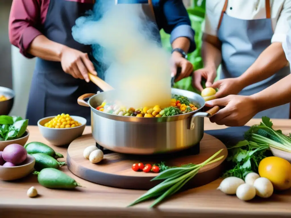 Un grupo diverso de chefs prepara El Ajiaco, fusionando platos indígenas con técnicas contemporáneas en una escena vibrante de cocina andina