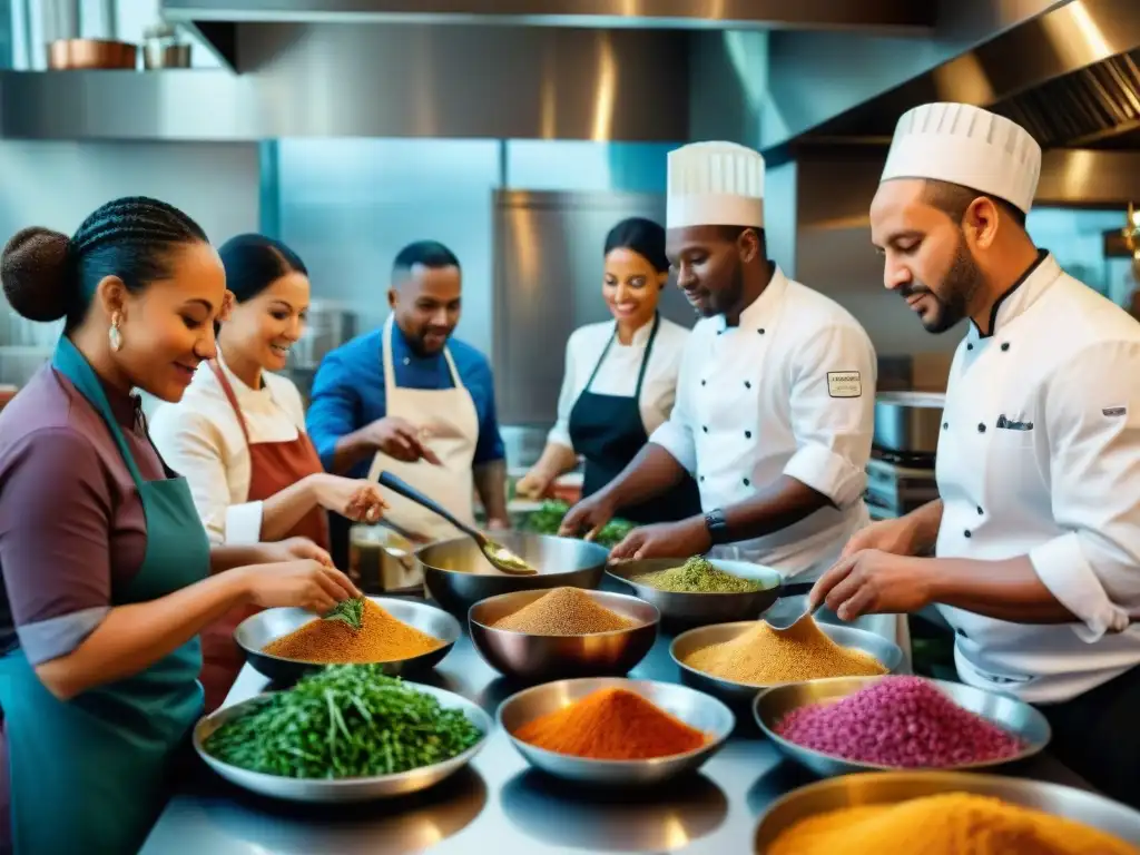 Un grupo diverso de chefs de ascendencia africana e indígena prepara platos fusionados, mostrando la influencia africana en cocina indígena