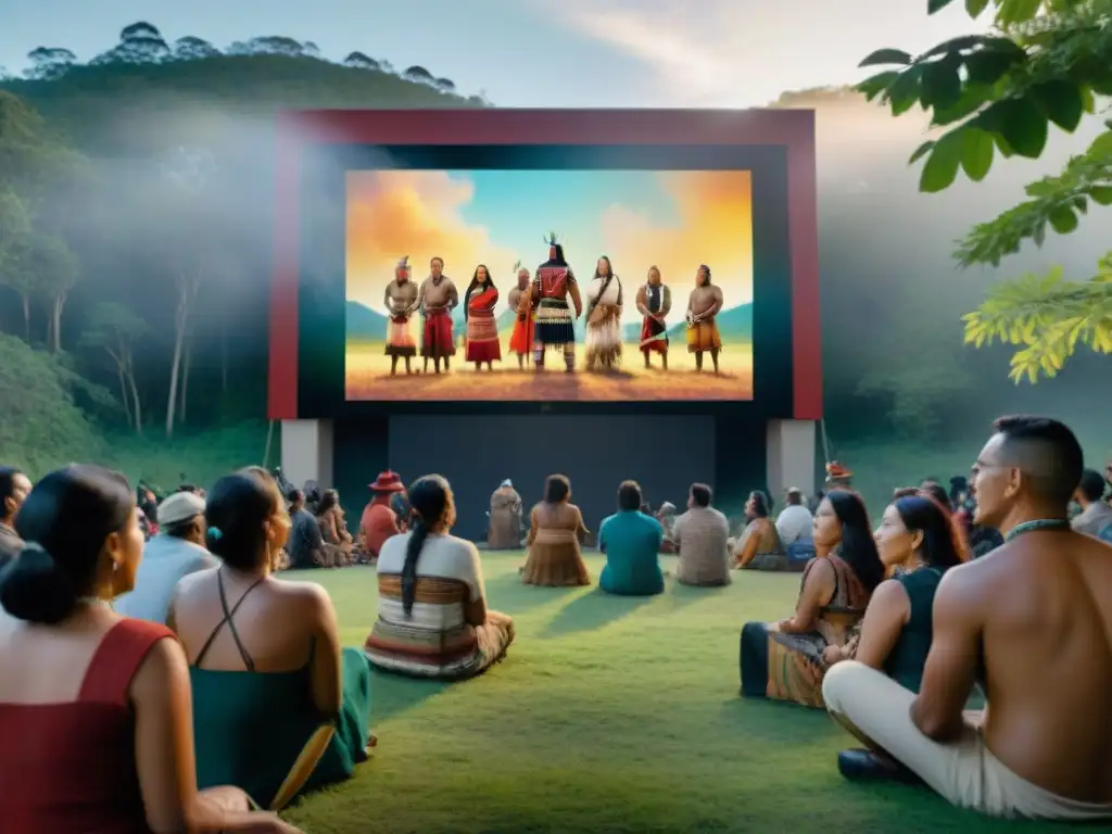 Un grupo diverso de cineastas indígenas frente a una pantalla gigante al aire libre, iluminados por escenas vibrantes de películas indígenas