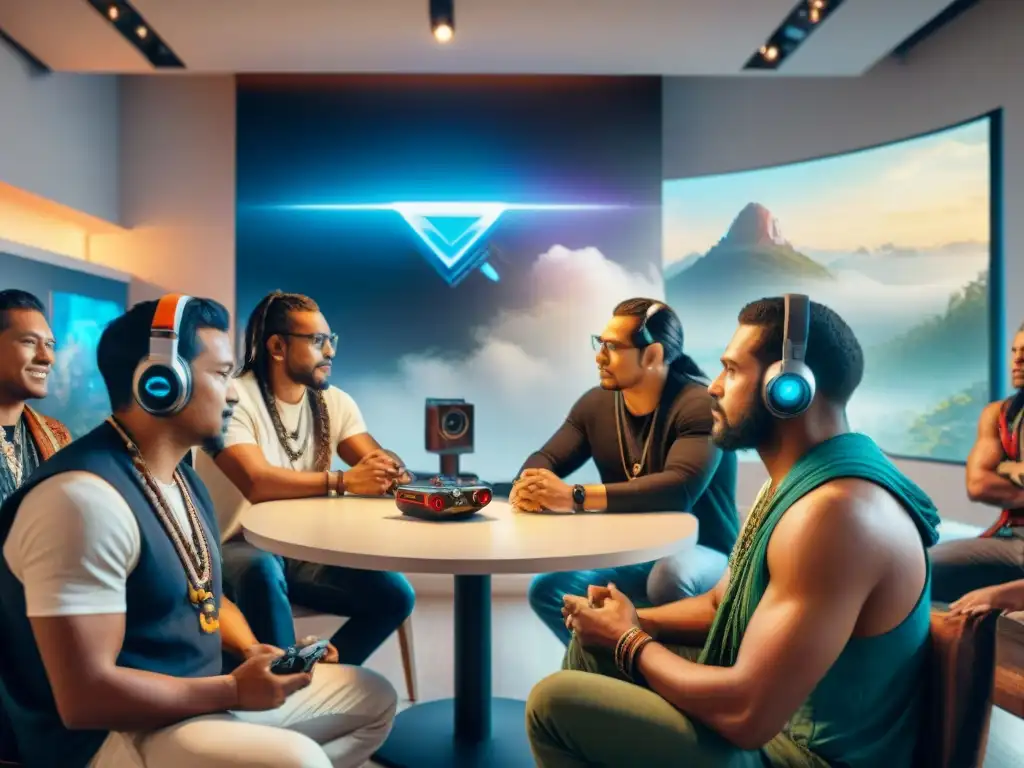 Desarrollo de videojuegos indígenas: creatividad y orgullo cultural Un grupo diverso de desarrolladores indígenas de videojuegos colaborando en un estudio moderno, fusionando tradición e innovación