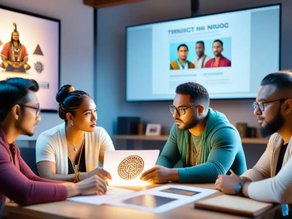 Cumbre creativa: Desarrolladores indígenas inspirados en acción Un grupo diverso de desarrolladores de videojuegos indígenas colaborando en un ambiente creativo y vibrante
