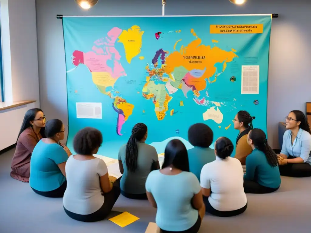 Grupo diverso en escuela discute solidaridad con luchas indígenas cerca de mapa colorido