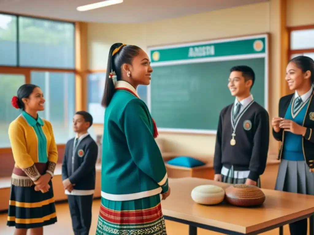 Grupo diverso de estudiantes intercambiando cultura indígena en escuela vibrante