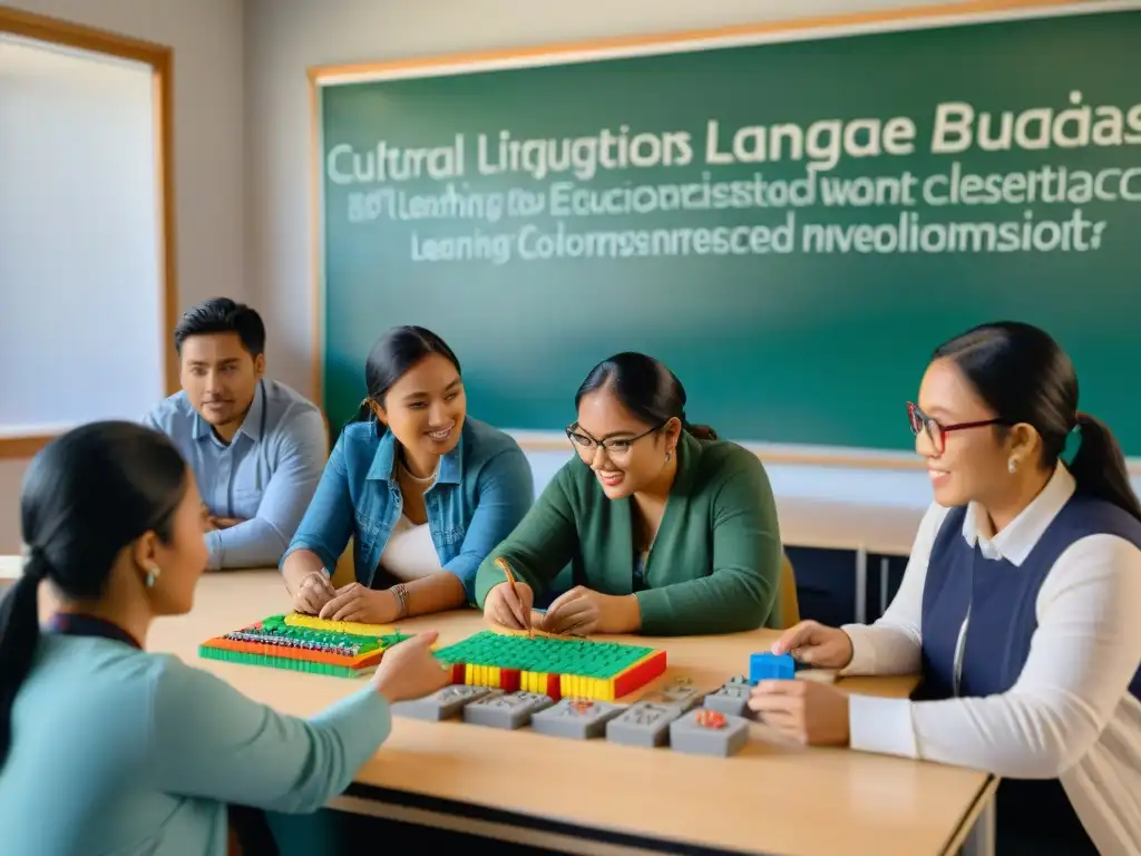 Grupo diverso de estudiantes indígenas aprendiendo idiomas con materiales didácticos coloridos