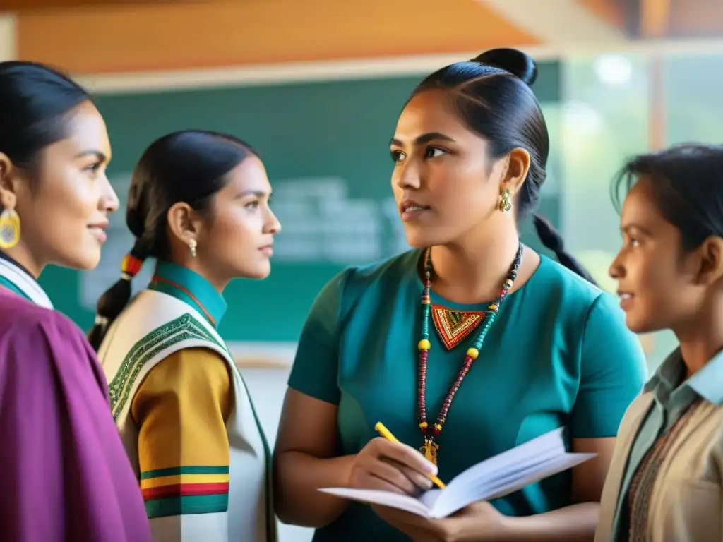 Grupo diverso de estudiantes indígenas participando activamente en una clase con materiales educativos y arte tradicional