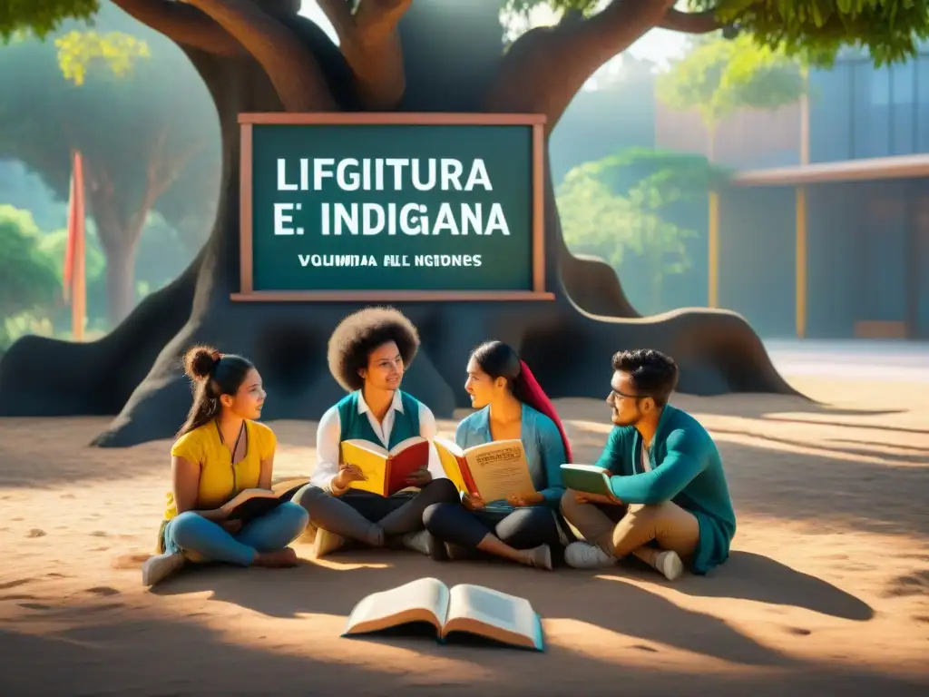 Grupo diverso de estudiantes indígenas leyendo literatura tradicional bajo un árbol, con libros coloridos