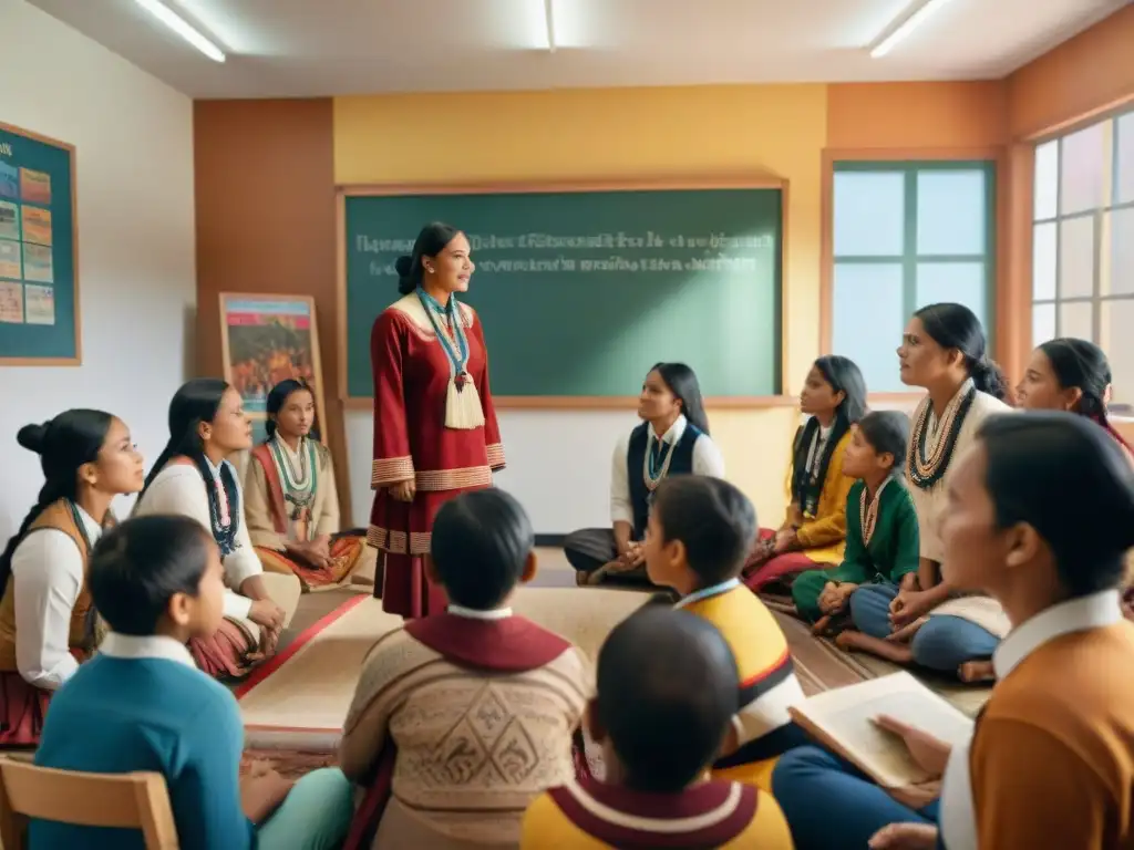 Grupo diverso de estudiantes indígenas en aula vibrante, promoviendo respeto hacia culturas indígenas en educación