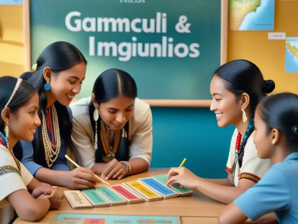 Grupo diverso de estudiantes inmersos en juegos para aprender lenguas indígenas con tarjetas coloridas y elementos culturales