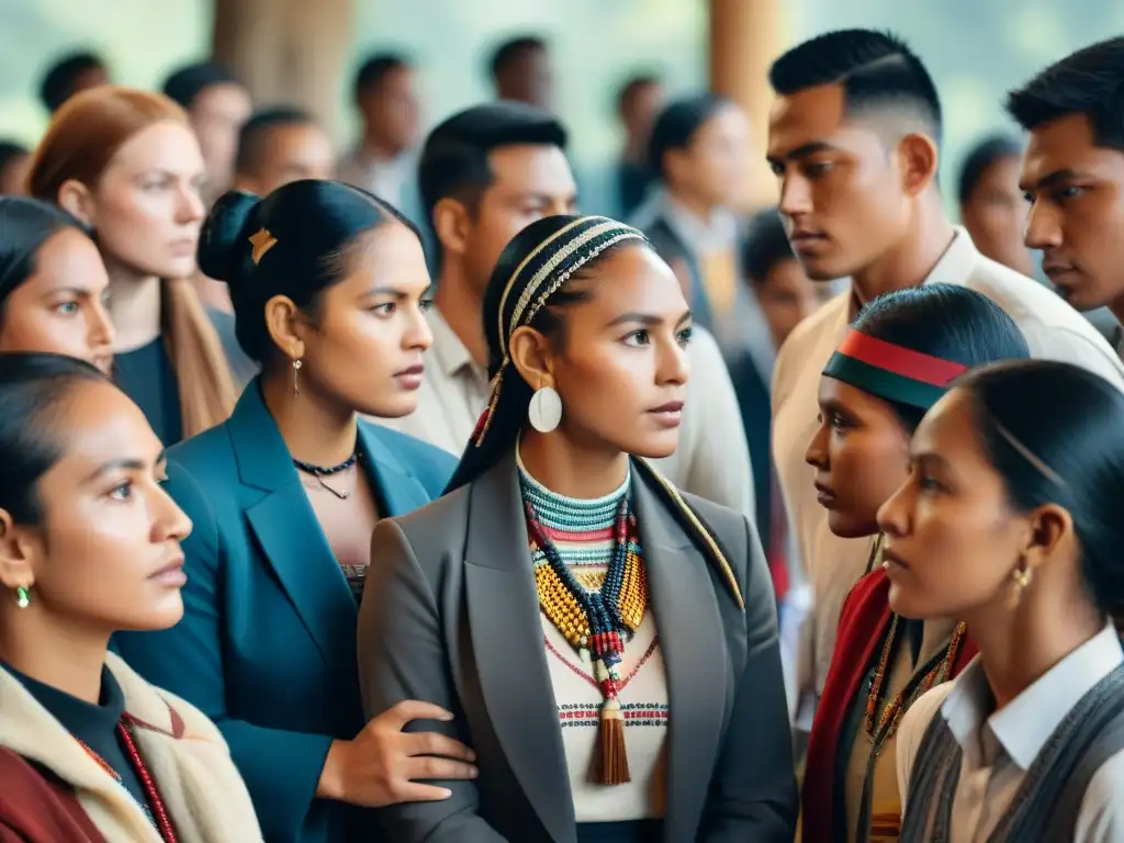 Un grupo diverso de estudiantes escucha atentamente a líderes indígenas, rodeados de símbolos y artefactos tradicionales