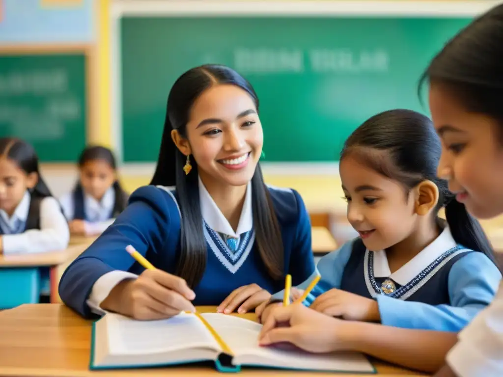 Grupo diverso de estudiantes en programa de educación bilingüe en América Latina, colaborando en aula vibrante