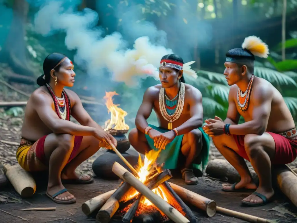 Un grupo diverso de indígenas se reúne alrededor de una fogata en el bosque, preservando lenguas y tradiciones