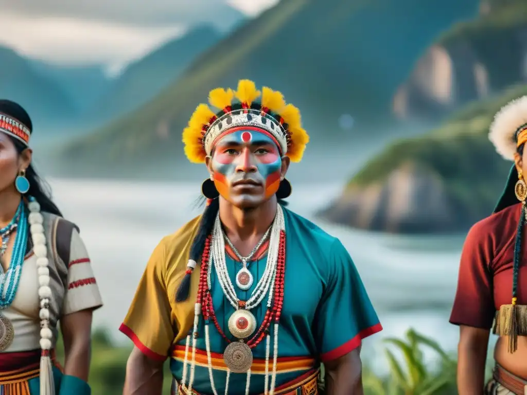 Un grupo diverso de indígenas de todo el mundo, en trajes tradicionales, unidos en ceremonia