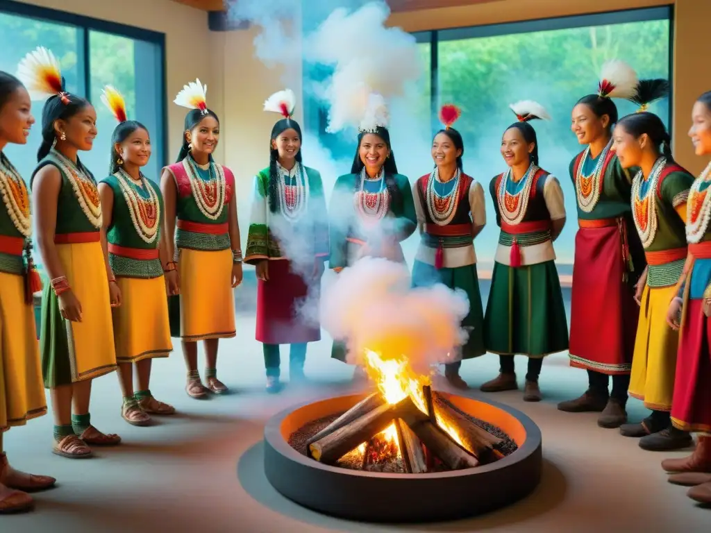 Un grupo diverso de jóvenes indígenas participa en un ritual con alegría y autenticidad en un aula colorida