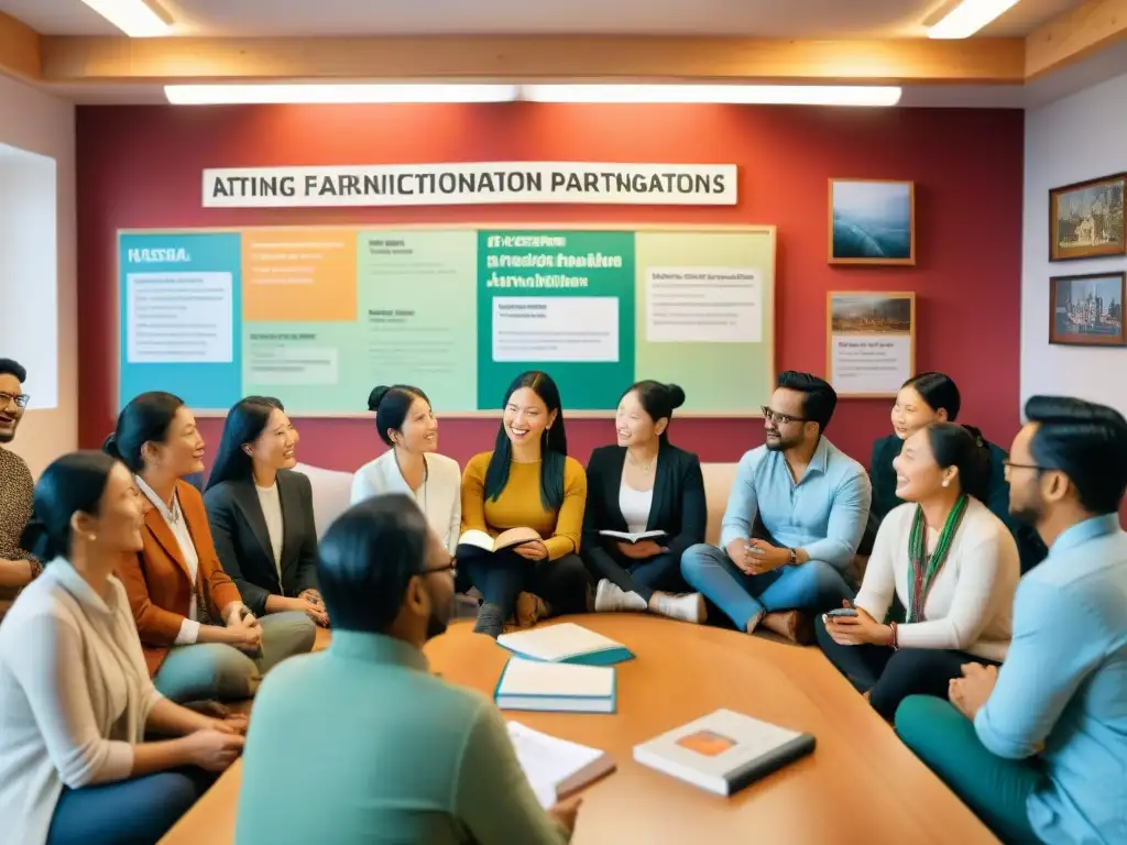 Un grupo diverso de lingüistas internacionales y miembros de la comunidad se reúnen para apoyar proyectos de revitalización lingüística en una escuela de idiomas vibrante, rodeados de carteles coloridos y libros en varios idiomas