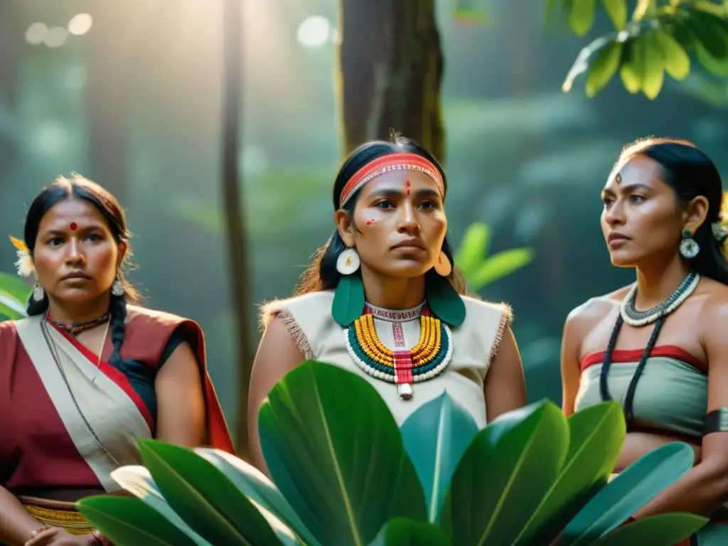 Grupo diverso de Mujeres Indígenas en reunión política bajo un árbol en el bosque, reflejando determinación y empoderamiento