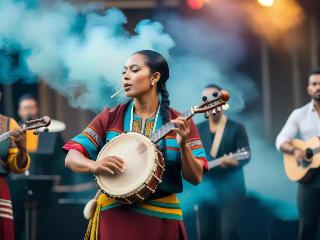 Un grupo diverso de músicos de diferentes culturas tocan instrumentos indígenas en un escenario multicultural, uniendo culturas