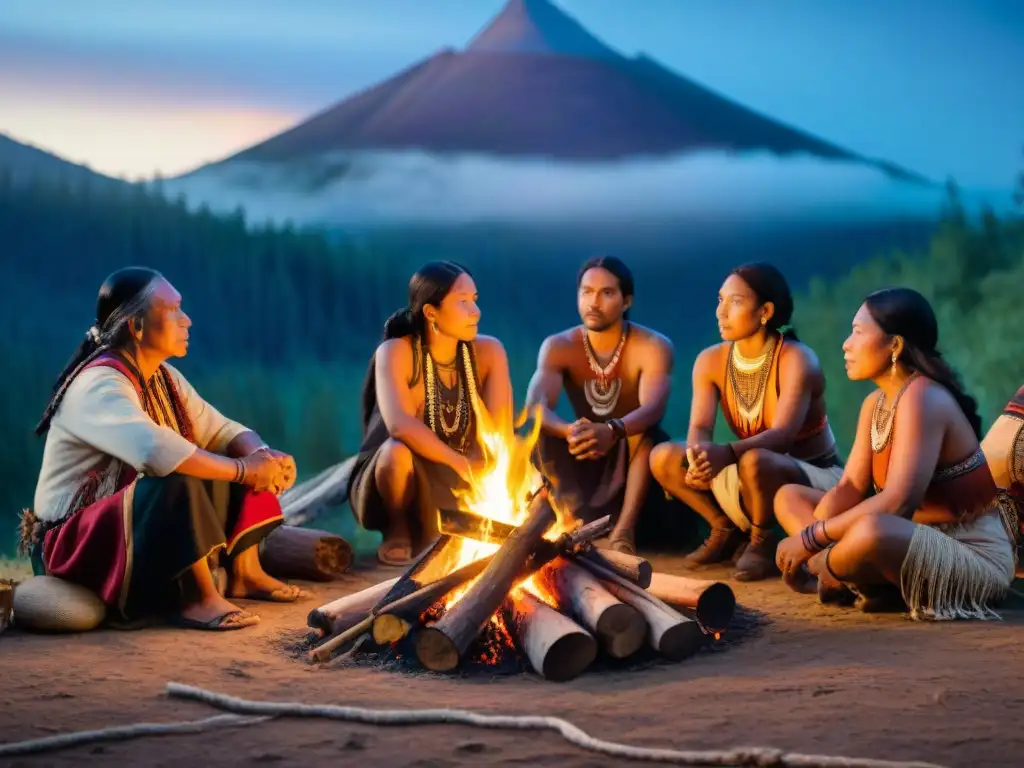 Grupo diverso de narradores indígenas alrededor de fogata, bajo cielo estrellado