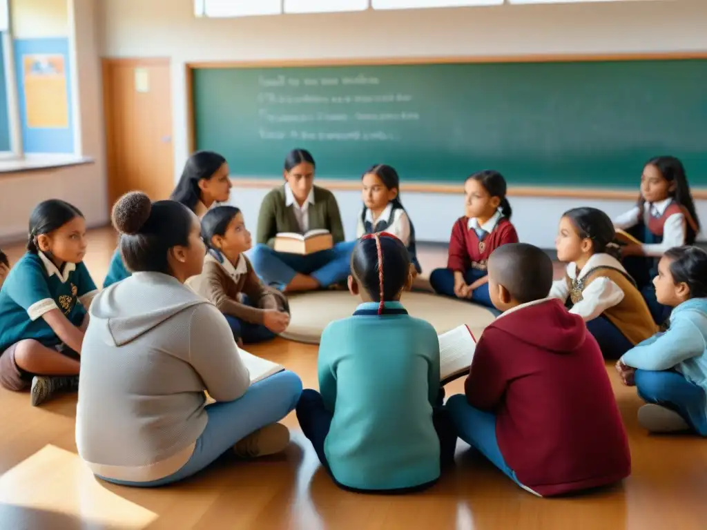 Grupo diverso de niños en clase, aprendiendo sobre derechos indígenas