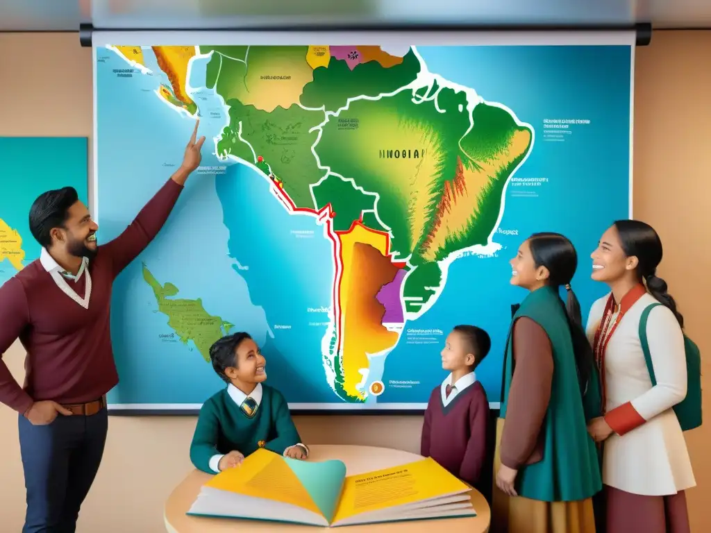 Grupo diverso de niños escolares y maestro indígena frente a un mapa detallado de territorios indígenas