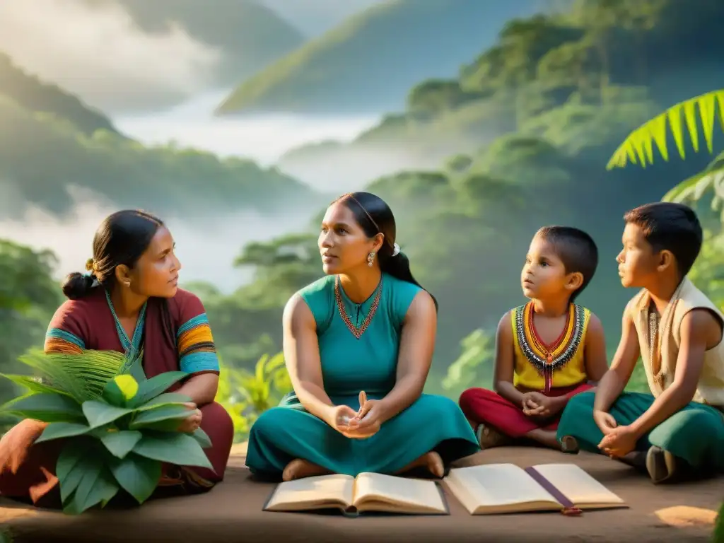 Grupo diverso de niños indígenas aprendiendo al aire libre, resaltando la integración de lenguas indígenas