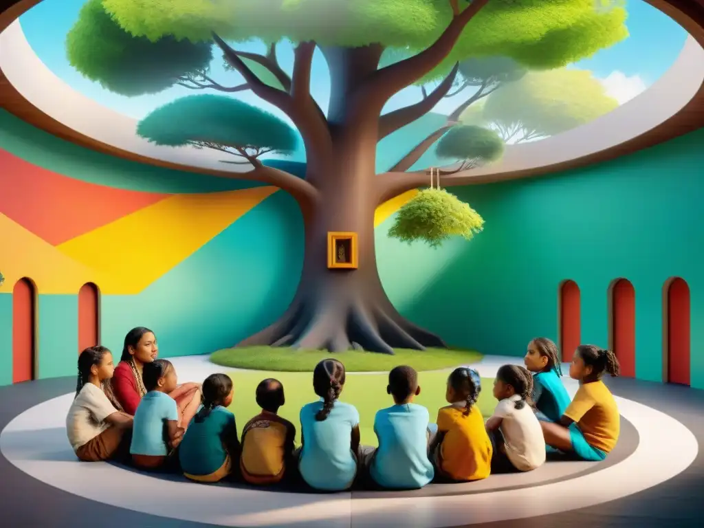 Un grupo diverso de niños indígenas aprenden sobre sus tierras ancestrales y cultura en una escuela vibrante