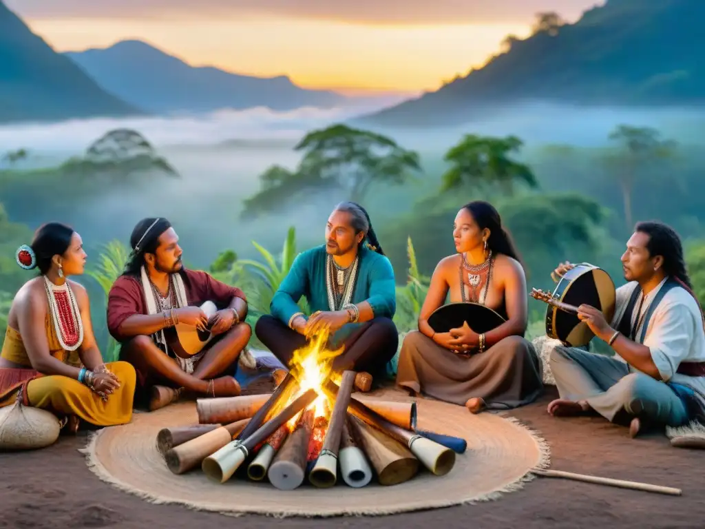 Un grupo diverso de poetas y músicos indígenas se reúne alrededor de una fogata bajo un cielo estrellado, rodeados de vegetación exuberante y instrumentos tradicionales