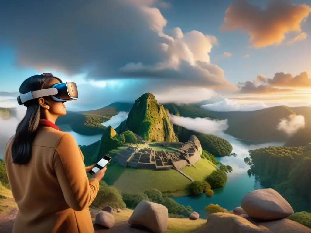 Grupo diverso disfruta de la realidad virtual en un sitio indígena, explorando artefactos y estructuras antiguas con asombro y emoción