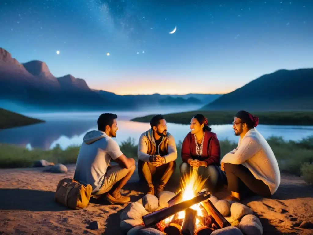 Grupo diverso de viajeros y comunidades indígenas en un diálogo respetuoso alrededor de una fogata bajo un cielo estrellado