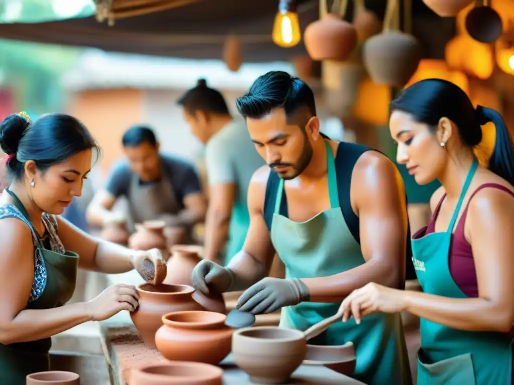 Un grupo diverso de viajeros en un taller de alfarería en un animado mercado de la Ciudad de México