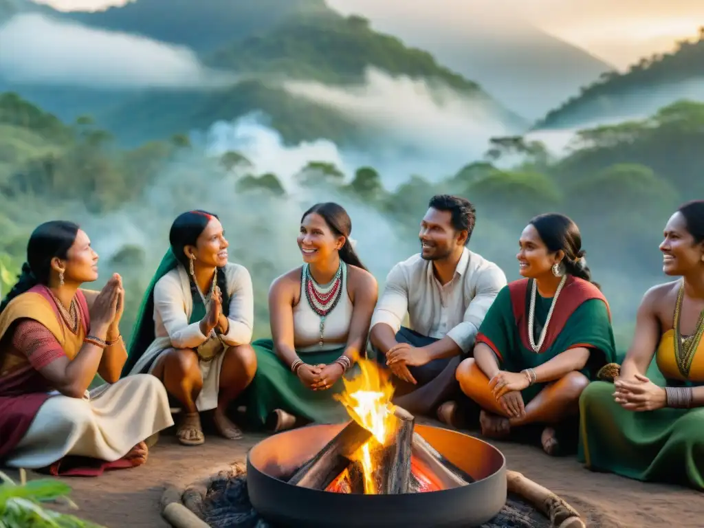 Grupo de emprendedores indígenas reunidos alrededor de una fogata, planificando estratégicamente sus proyectos, en un bosque vibrante al atardecer