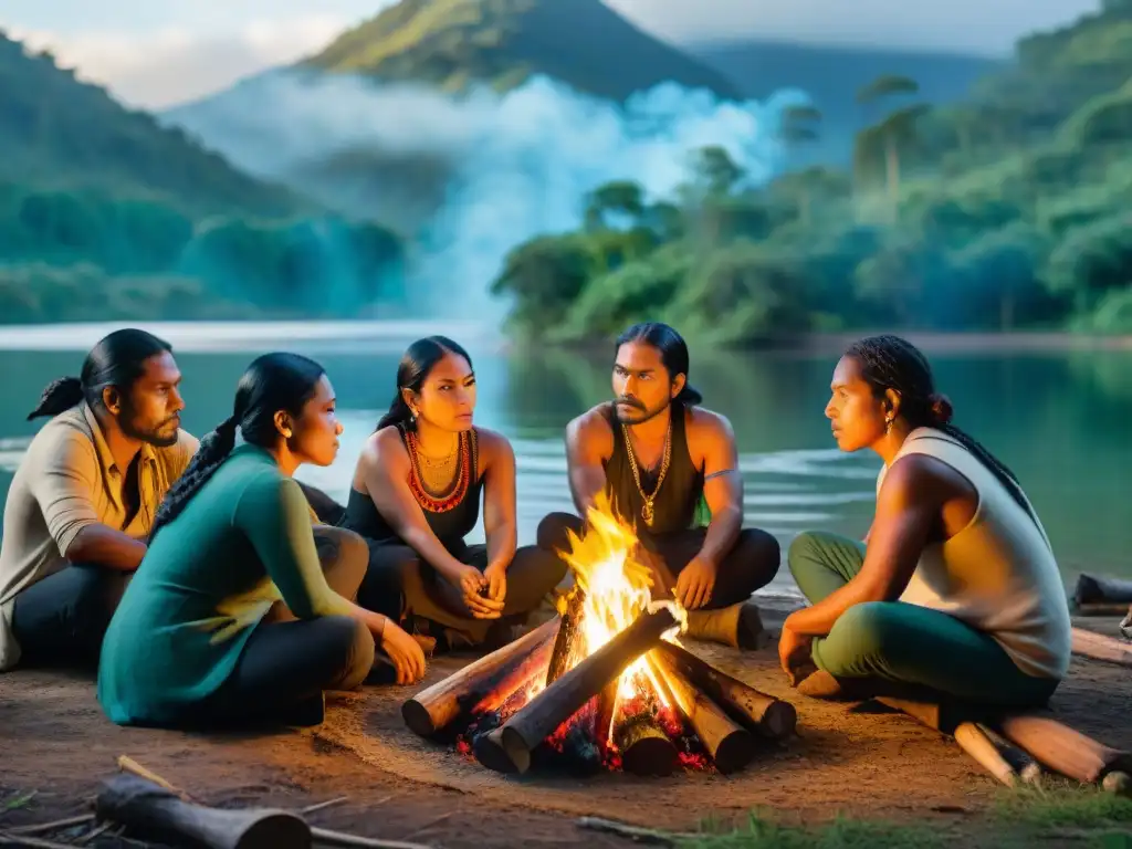 Un grupo de escritores indígenas comparte historias de resistencia alrededor de una fogata en la naturaleza