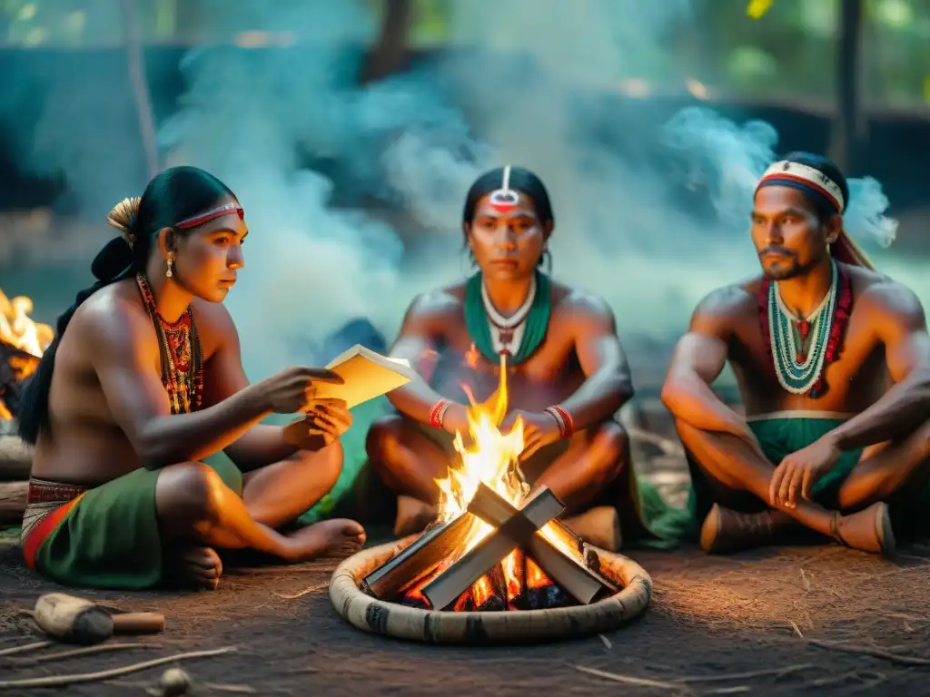 Grupo de escritores indígenas reunidos alrededor de una fogata, compartiendo literatura indígena tradiciones ancestrales en la selva