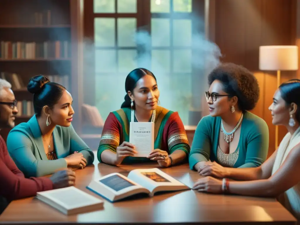 Un grupo de escritores indígenas discute animadamente en una sala acogedora, rodeados de libros