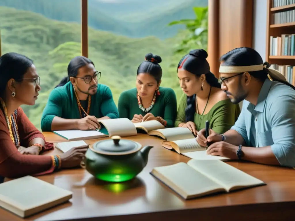 Un grupo de escritores indígenas de diferentes tribus de las Américas reunidos alrededor de una mesa, inmersos en la creación literaria