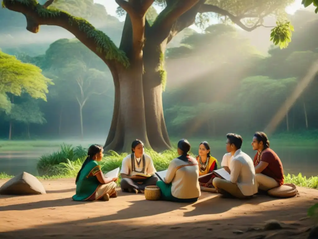Estudiantes indígenas aprendiendo bajo un árbol centenario Grupo de estudiantes indígenas en el bosque, aprendiendo con entusiasmo