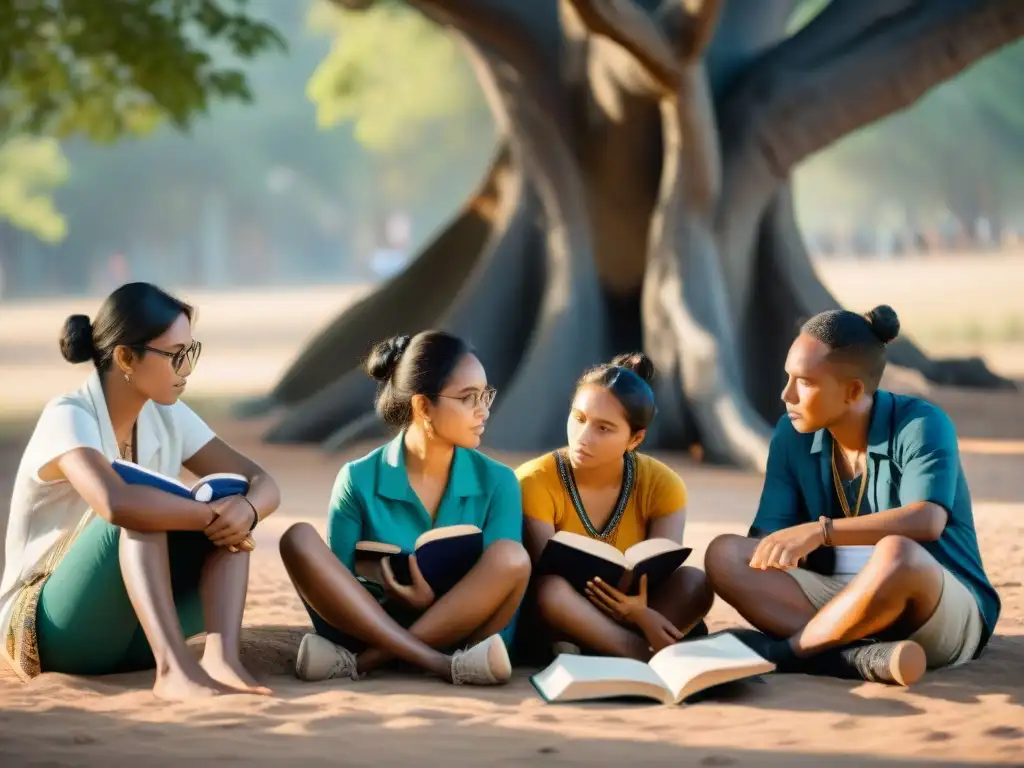 Un grupo de estudiantes indígenas de diversas edades lee y discute bajo un árbol, combinando elementos tradicionales y educación moderna