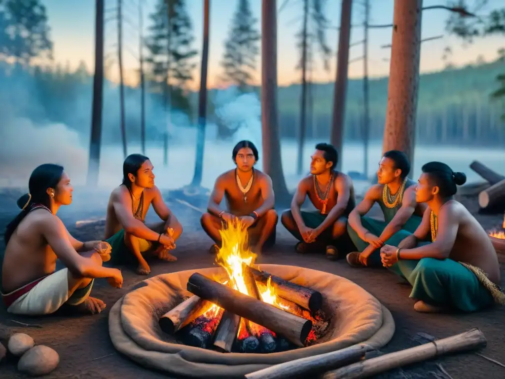 Grupo de estudiantes indígenas escuchando enseñanzas junto al fuego en la naturaleza