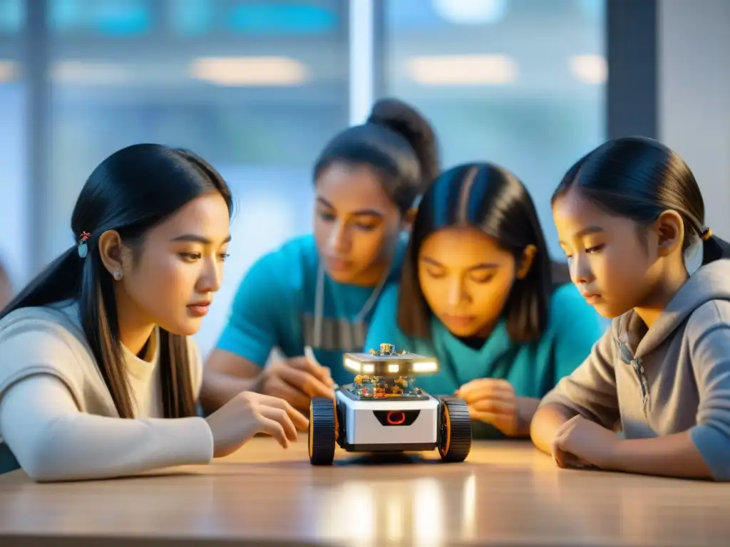 Grupo de estudiantes indígenas inmersos en robótica educativa en aula con arte tradicional y moderna tecnología