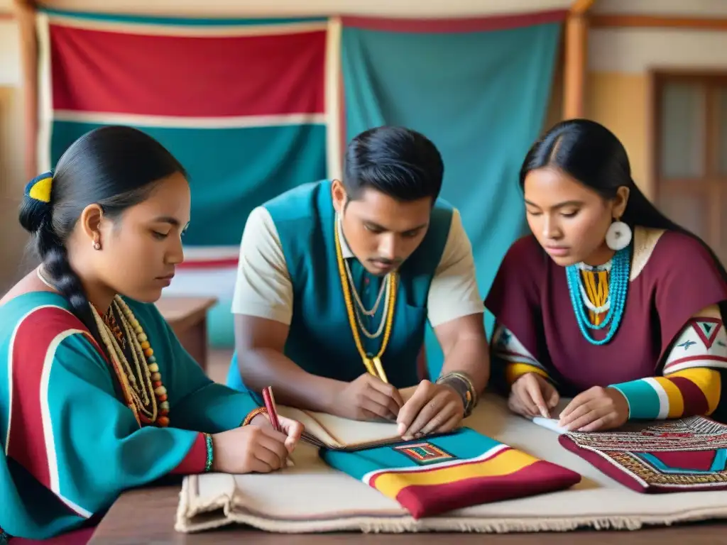 Grupo de estudiantes indígenas usando software educativo lenguas indígenas inclusivo, rodeados de textiles y artefactos tradicionales