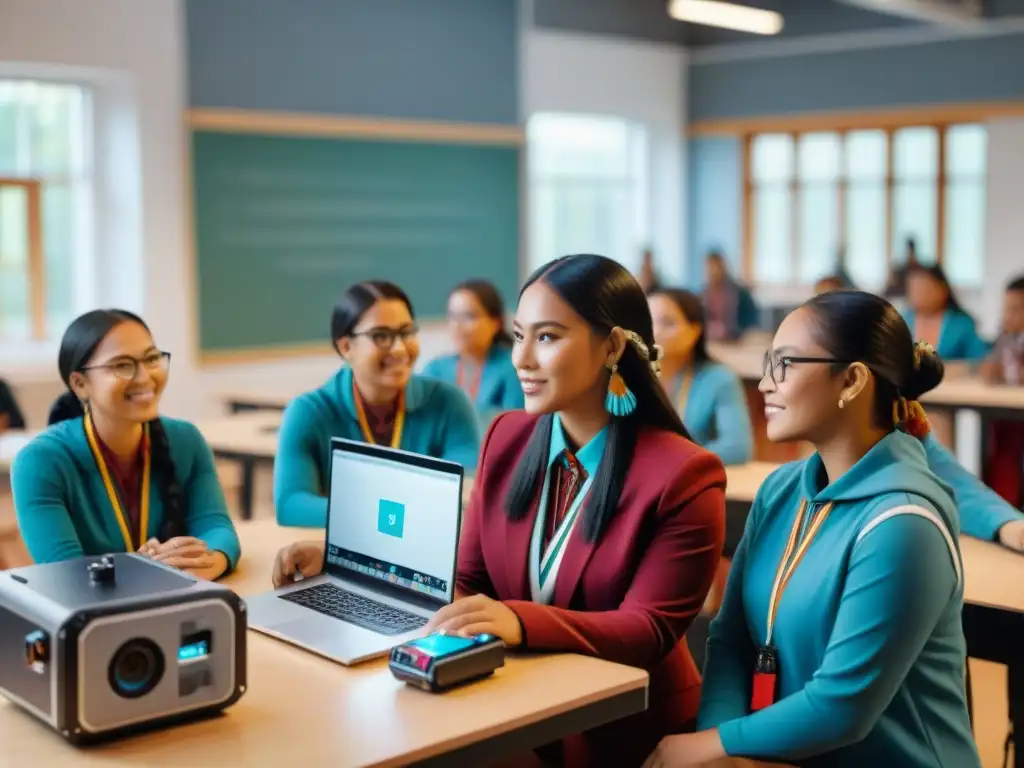 Grupo de estudiantes indígenas en taller de robótica, fusionando tradición y tecnología en educación STEM indígena robótica futuros