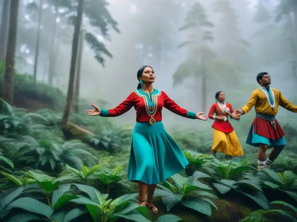 Un grupo de estudiantes indígenas en trajes coloridos realiza un ritual festivo en el bosque, destacando la integración de rituales indígenas