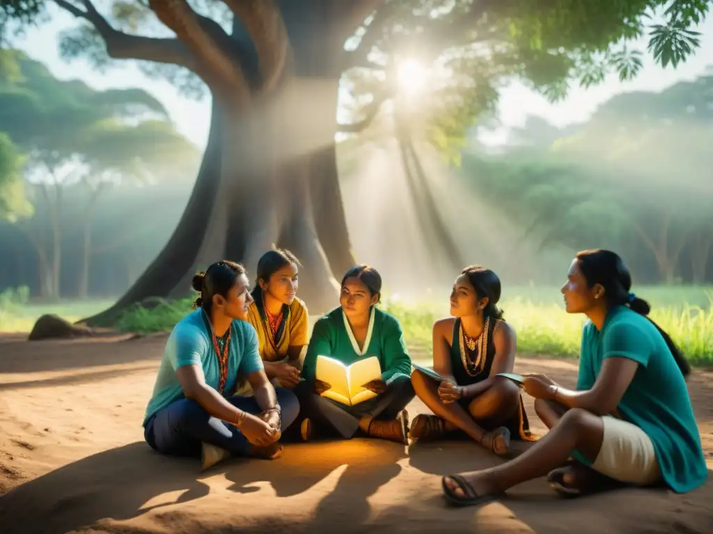 Grupo de estudiantes indígenas y su maestro compartiendo saberes bajo un árbol en la selva